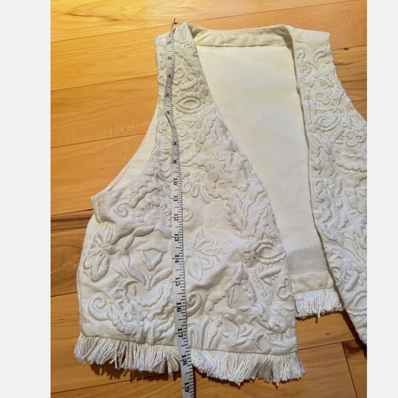 Vintage Embroidered Cotton Canvas Crop White Mini Vest Western Boho Fringe - Picture 6 of 6